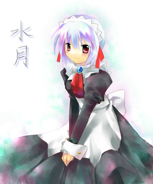 jin rikuri, kotonomiya yuki, suigetsu, silver hair, 1girl, apron, ascot, black dress, brooch, cowboy shot, dress, female focus, gem, jewelry, juliet sleeves, long sleeves, looking at viewer, maid, maid apron, own hands together, puffy sleeves, red eyes, simple background, solo, v arms, waist apron, white background