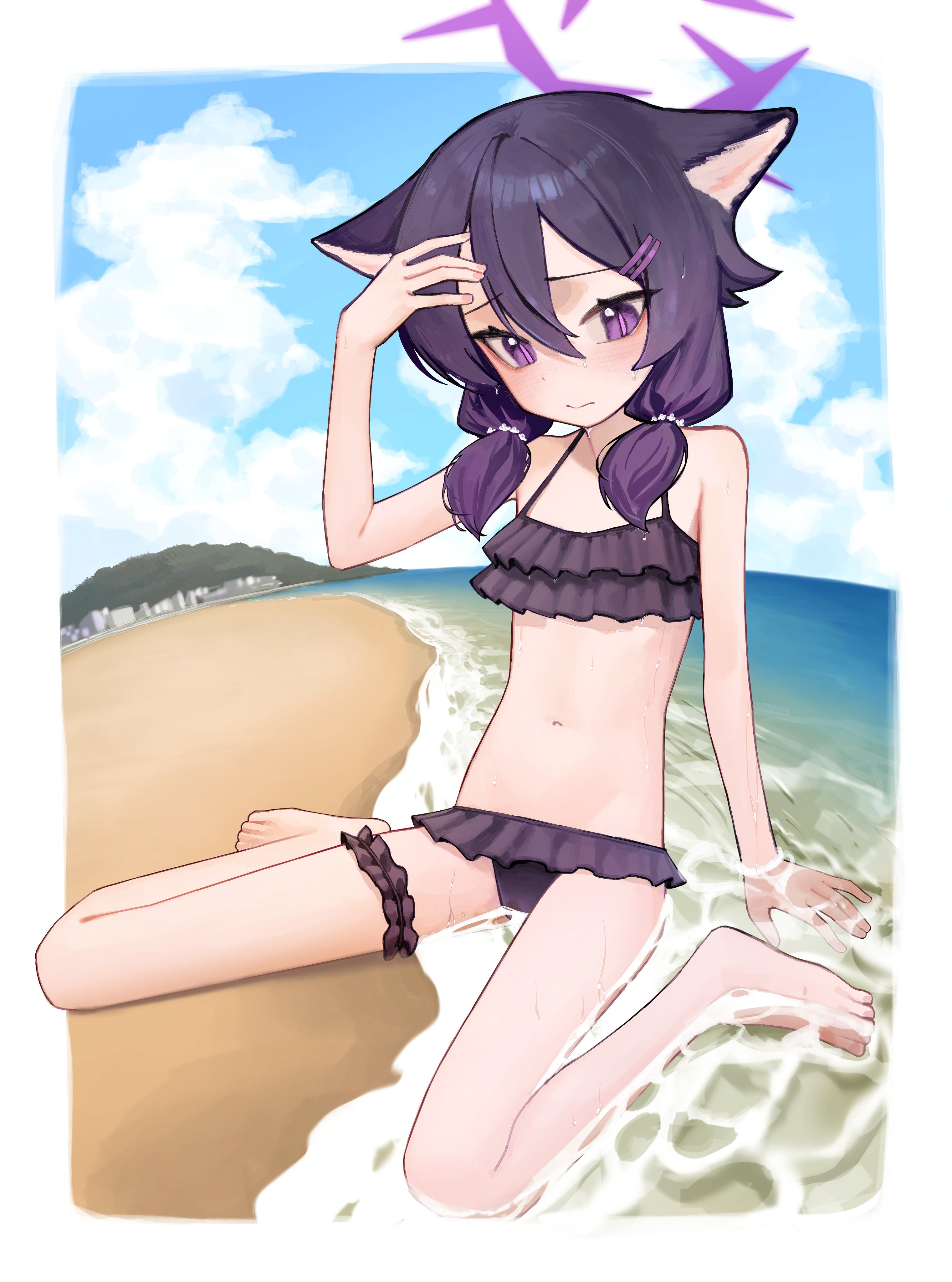 yoon cook, haruka (blue archive), blue archive, absurdres, highres, 1girl, animal ears, barefoot, beach, bikini, black bikini, blush, cat ears, closed mouth, cloud, day, feet, frilled bikini, frilled thigh strap, frills, hair between eyes, hair ornament, hairclip, halo, looking at viewer, medium hair, navel, ocean, outdoors, purple bikini, purple eyes, purple hair, purple halo, shallow water, sitting, sky, solo, swimsuit, thigh strap, toes, wariza, water, wet