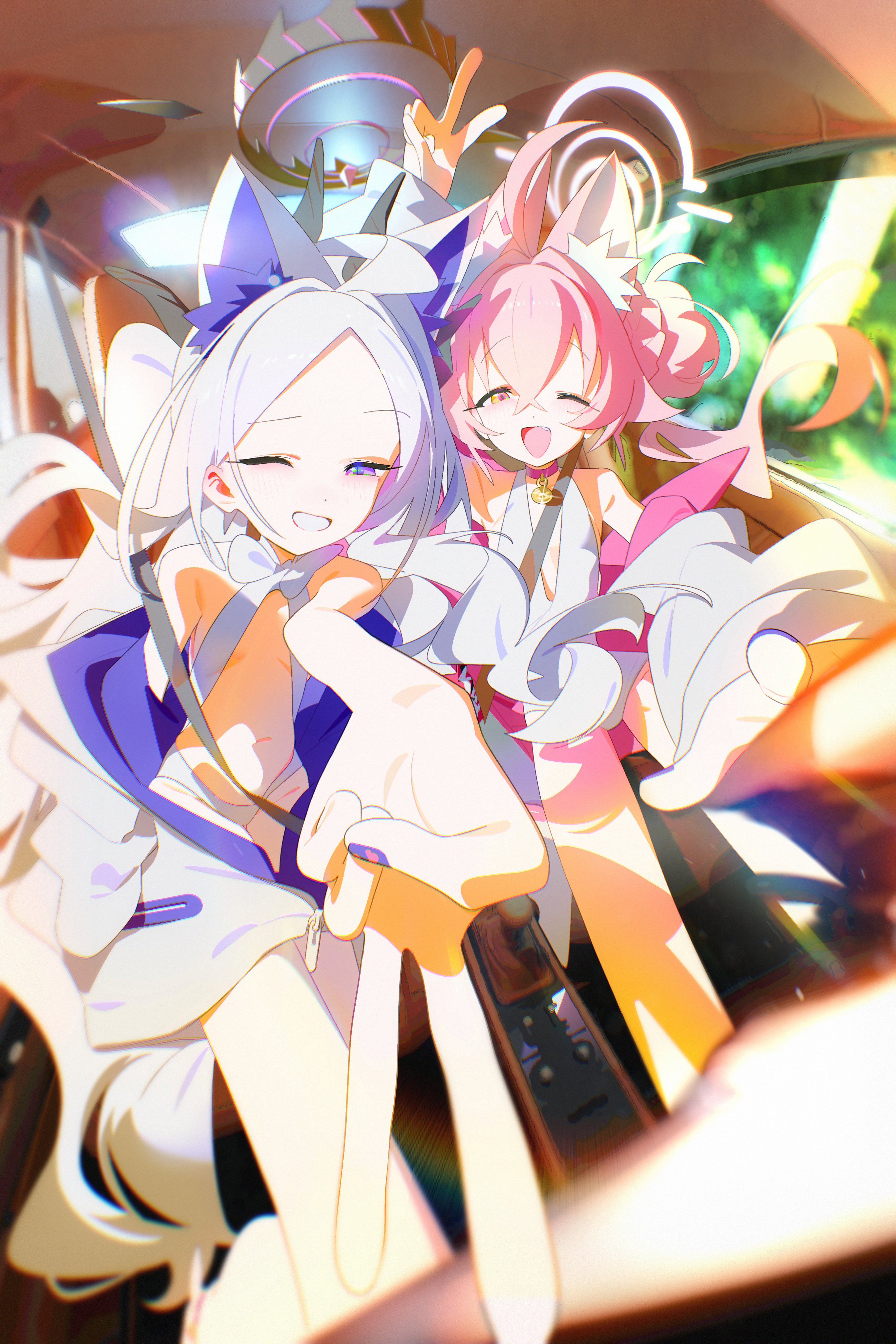 bm tol, hina (blue archive), hoshino (blue archive), blue archive, absurdres, highres, 2girls, ahoge, alternate costume, animal ear fluff, animal ears, bell, blue eyes, blue nails, blush, car interior, cat ears, fang, fingernails, forehead, foreshortening, fox ears, grin, hair between eyes, hair bun, halo, jacket, long hair, looking at viewer, multiple girls, nail polish, navel, neck bell, one eye closed, open mouth, parted bangs, pink hair, pink halo, purple eyes, purple halo, purple nails, skin fang, smile, v, white hair, white jacket, yellow eyes