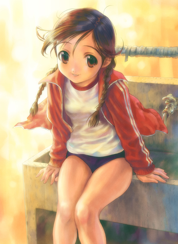 goto p, braid, brown eyes, brown hair, buruma, gym uniform, twin braids