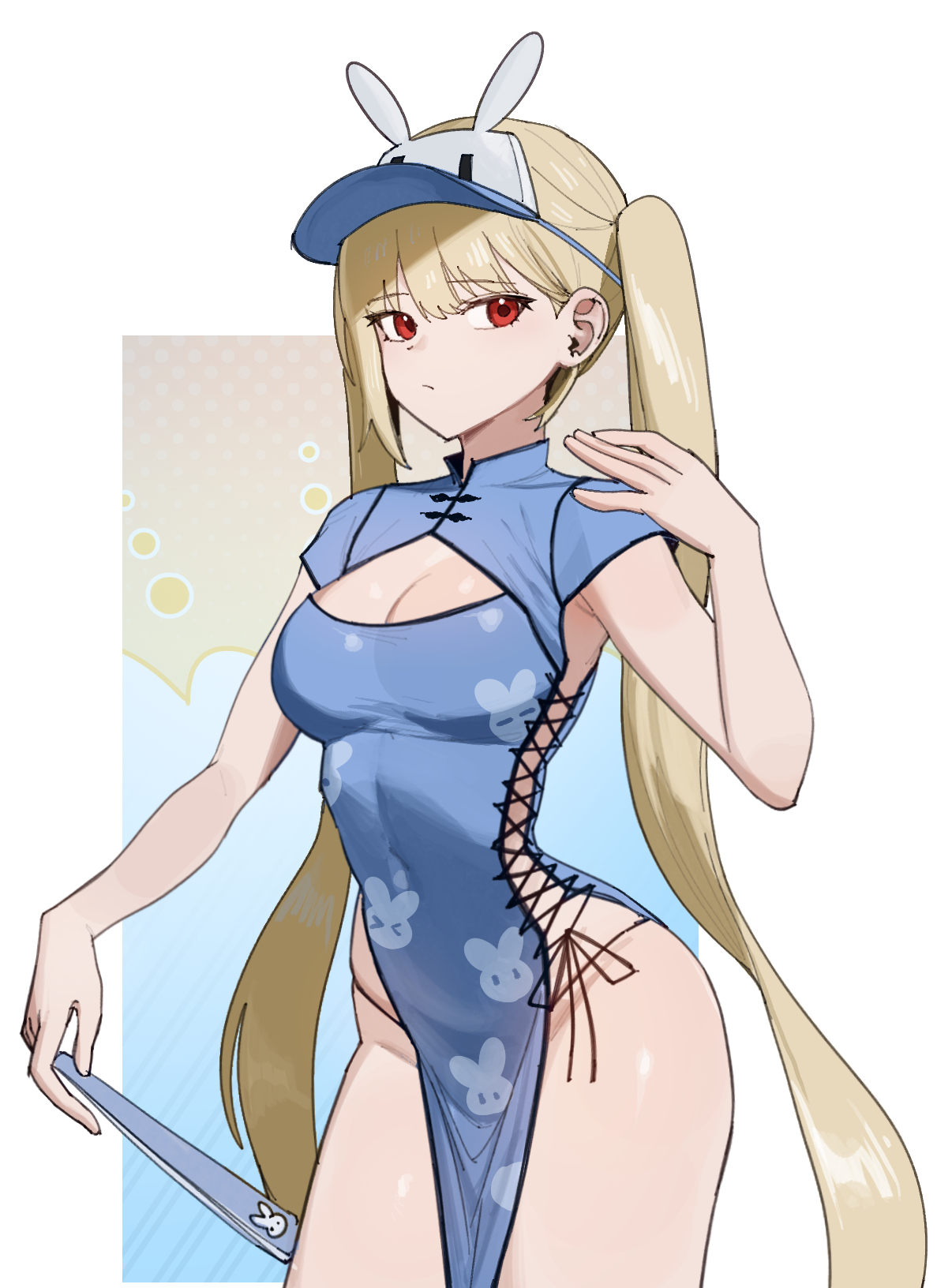 baseball club mob (draco), original, artist request, commentary request, commission, highres, korean commentary, second-party source, 1girl, armpits, blonde hair, blue dress, breasts, china dress, chinese clothes, cleavage, cleavage cutout, clothing cutout, covered navel, cowboy shot, dress, expressionless, hand fan, hand up, holding, holding fan, long hair, looking at viewer, medium breasts, panty straps, pelvic curtain, red eyes, short sleeves, side cutout, solo, thighs, twintails, very long hair, visor cap