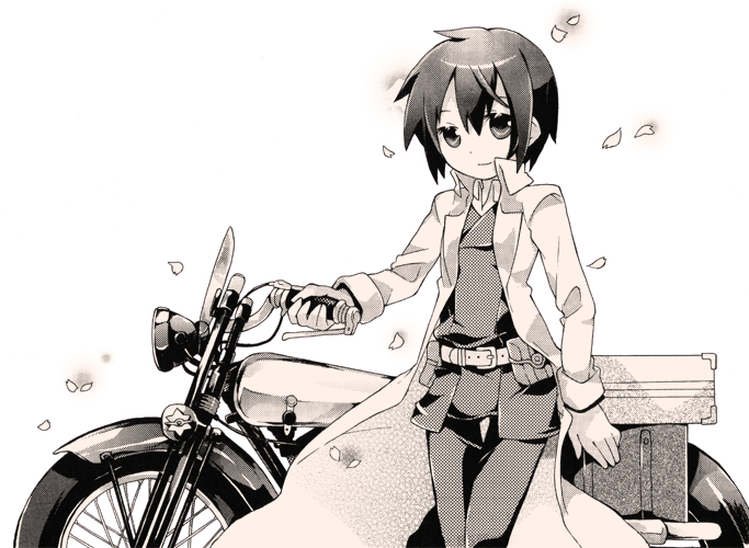 tachitsu teto, hermes (kino no tabi), kino (kino no tabi), kino no tabi, vehicle, 00s, 1girl, androgynous, female focus, monochrome, motor vehicle, motorcycle, pink theme, reverse trap, solo