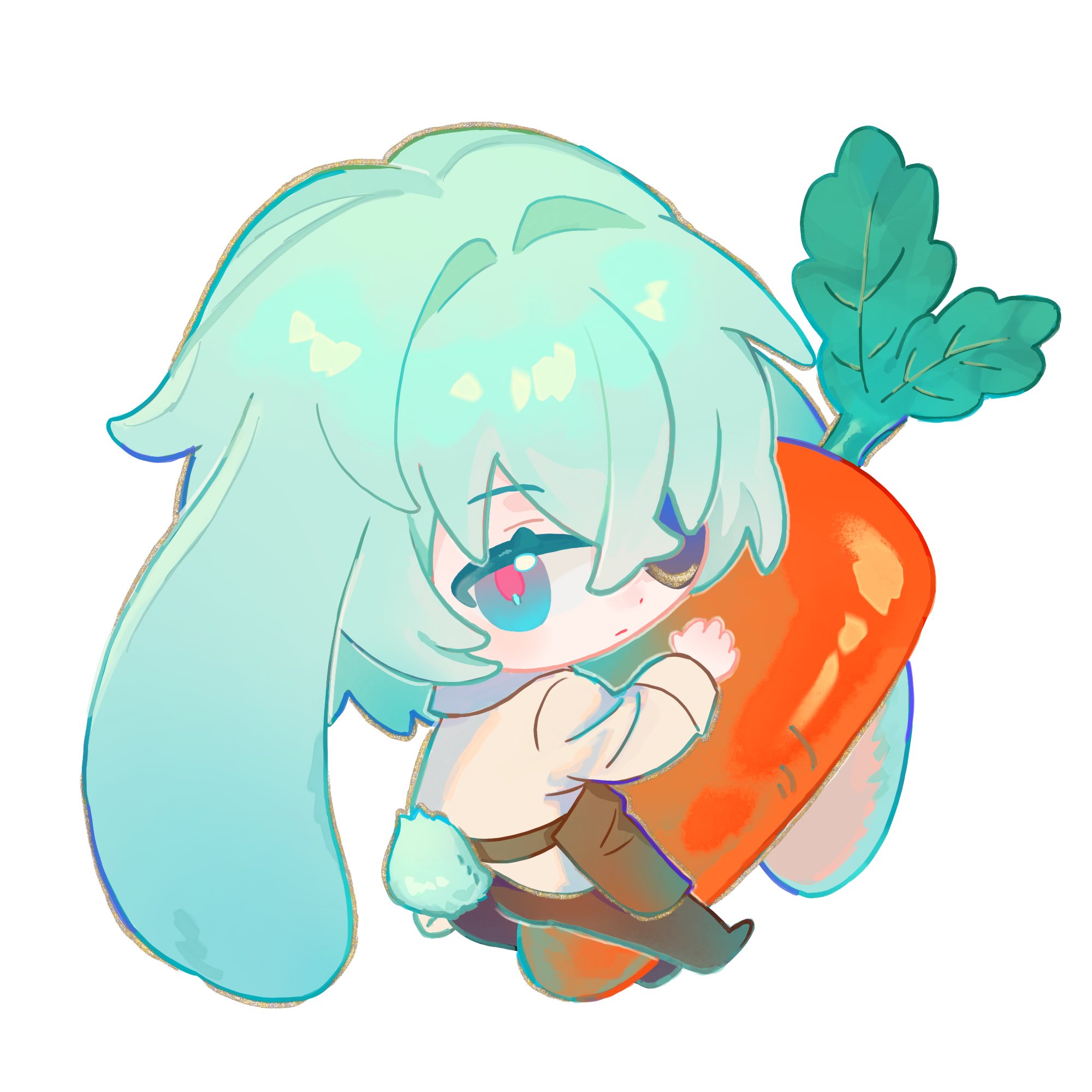 anaxa (honkai: star rail), honkai: star rail, honkai (series), highres, 1boy, animal ears, apron, blue eyes, brown apron, brown pants, carrot, chibi, chibi only, closed mouth, crossed bangs, eyepatch, from behind, full body, hair between eyes, hair intakes, iyoiyo922, looking at viewer, male focus, one eye covered, pants, pink pupils, rabbit boy, rabbit ears, rabbit tail, shirt, simple background, solo, tail, turning head, white background, white shirt