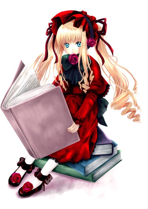 matsuzaki miyuki, shinku, rozen maiden, white legwear, 00s, 1girl, black shoes, blonde hair, blue eyes, bonnet, book, braid, dress, female focus, flower, full body, hairband, long hair, looking at viewer, pink flower, pink rose, red dress, rose, shoes, simple background, solo, white background