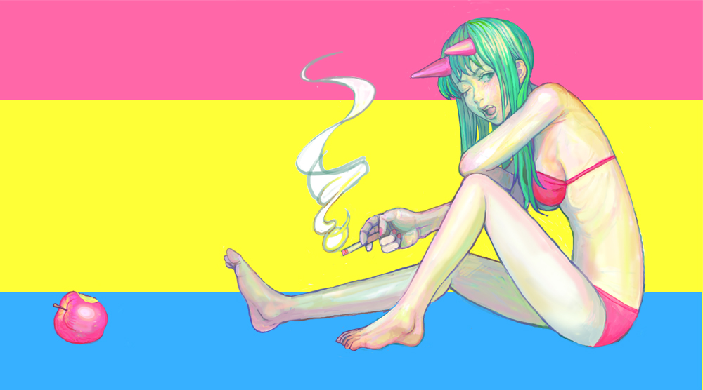 kiyoto shitara, shitara kiyoto, bad id, 1girl, apple, barefoot, bikini, cigarette, feet, female focus, food, fruit, horns, smoking, solo, swimsuit