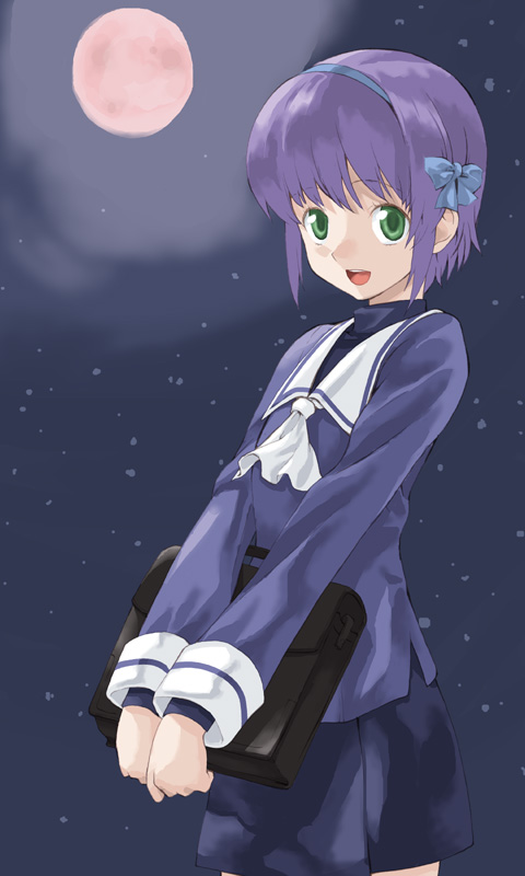 takano natsuki, shiho elis, night wizard, 00s, green eyes, hairband, purple hair, school uniform, serafuku, solo