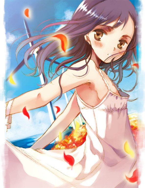 matsuzaki miyuki, original, 1girl, armpits, black hair, blush, brown eyes, dress, female focus, flat chest, flower, petals, solo, sundress, wind turbine, windmill