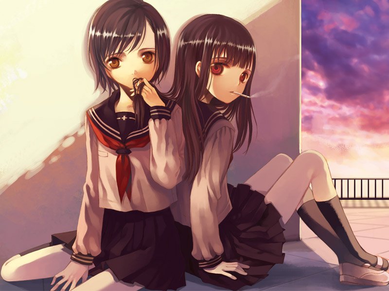 matsuzaki miyuki, original, cigarette, school uniform, serafuku, smoking