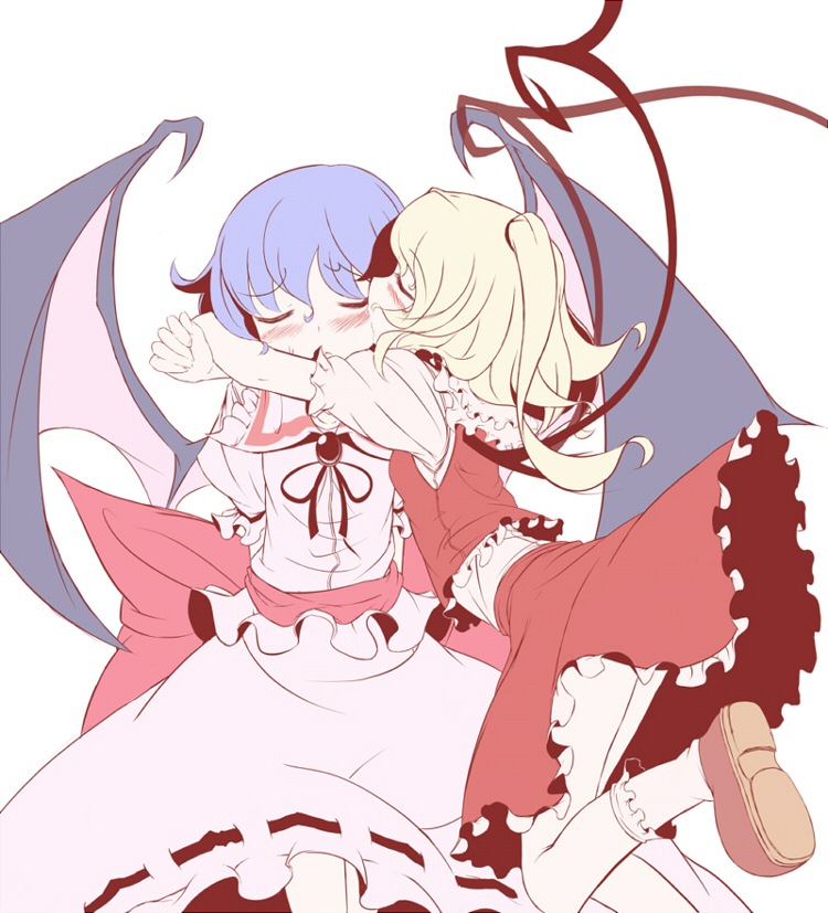 takahero, flandre scarlet, remilia scarlet, touhou, 2girls, female focus, multiple girls, siblings, simple background, sisters, skirt, white background, wings
