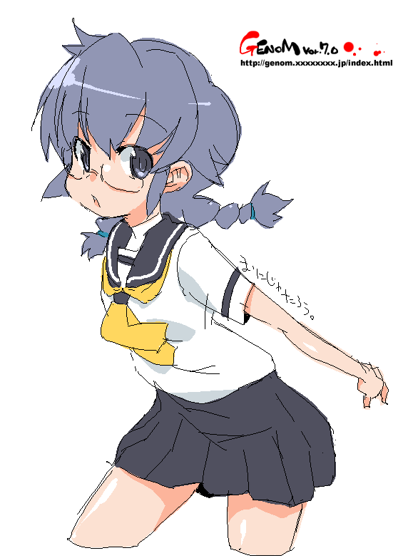onija tarou, original, braid, glasses, grey eyes, grey hair, oekaki, school uniform, serafuku, solo, twin braids
