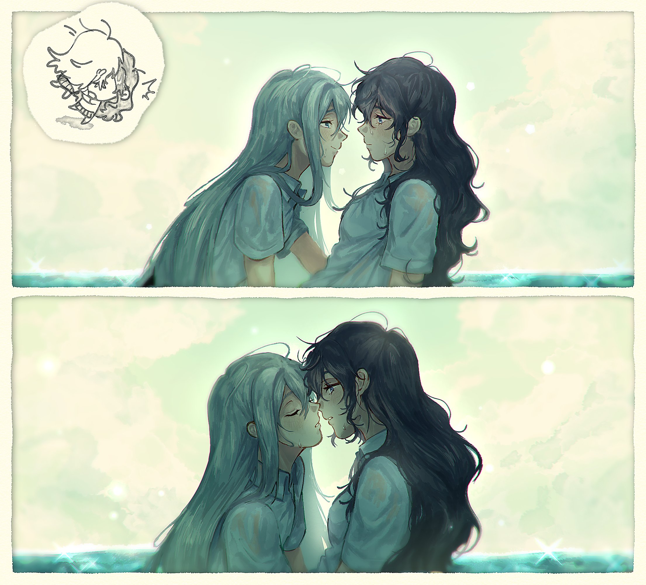 asahina mafuyu, yoisaki kanade, project sekai, commentary, highres, 2girls, blue eyes, closed mouth, grey hair, gumshoue, imminent kiss, long hair, multiple girls, ocean, outdoors, parted lips, purple eyes, purple hair, shirt, smile, wet, wet clothes, wet shirt, white shirt, yuri