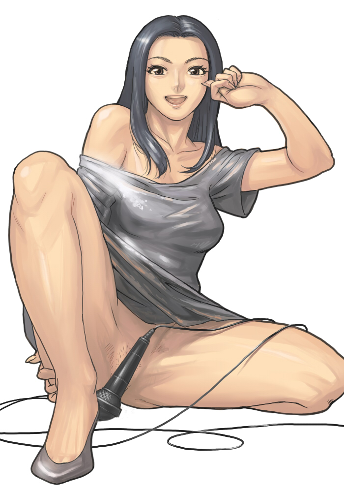 lion12, original, bad id, 1girl, :d, arm up, bare legs, bare shoulders, barefoot, black hair, black shoes, black sweater, breasts, brown eyes, cable, collarbone, convenient censoring, dress, female focus, female pubic hair, fingernails, lips, long hair, medium breasts, microphone, no panties, no socks, off-shoulder, off-shoulder sweater, off shoulder, open mouth, pubic hair, round teeth, shoes, short sleeves, simple background, sitting, smile, solo, spread legs, sweater, sweater dress, teeth, white background