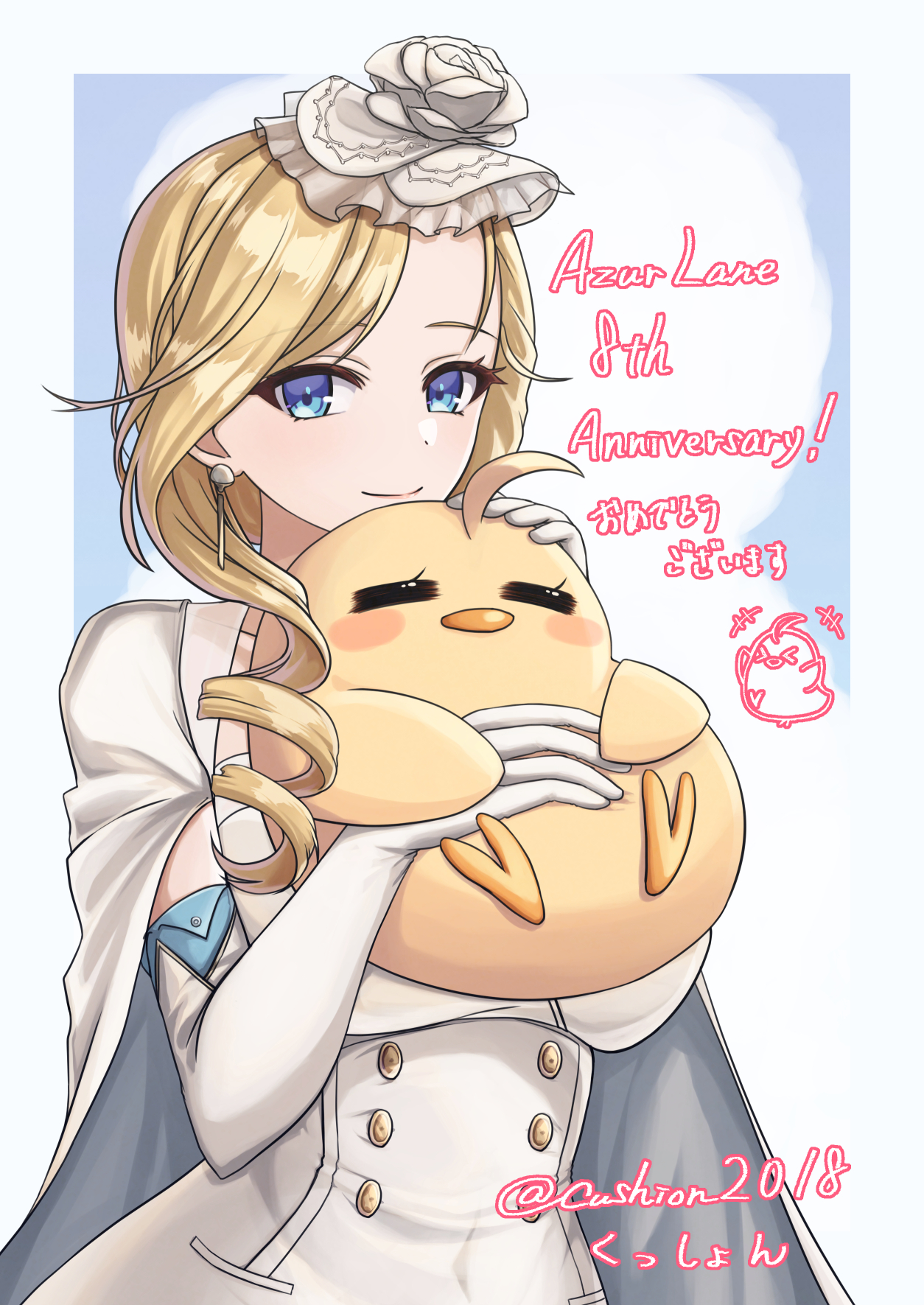 cushion (awawa), hood (azur lane), hood (dawnlight's dame) (azur lane), manjuu (azur lane), commentary request, highres, 1girl, blonde hair, blue eyes, closed mouth, dress, drill hair, earrings, elbow gloves, english text, gloves, hug, jewelry, long hair, looking at viewer, official alternate costume, smile, solo, twitter username, upper body, white dress, white gloves