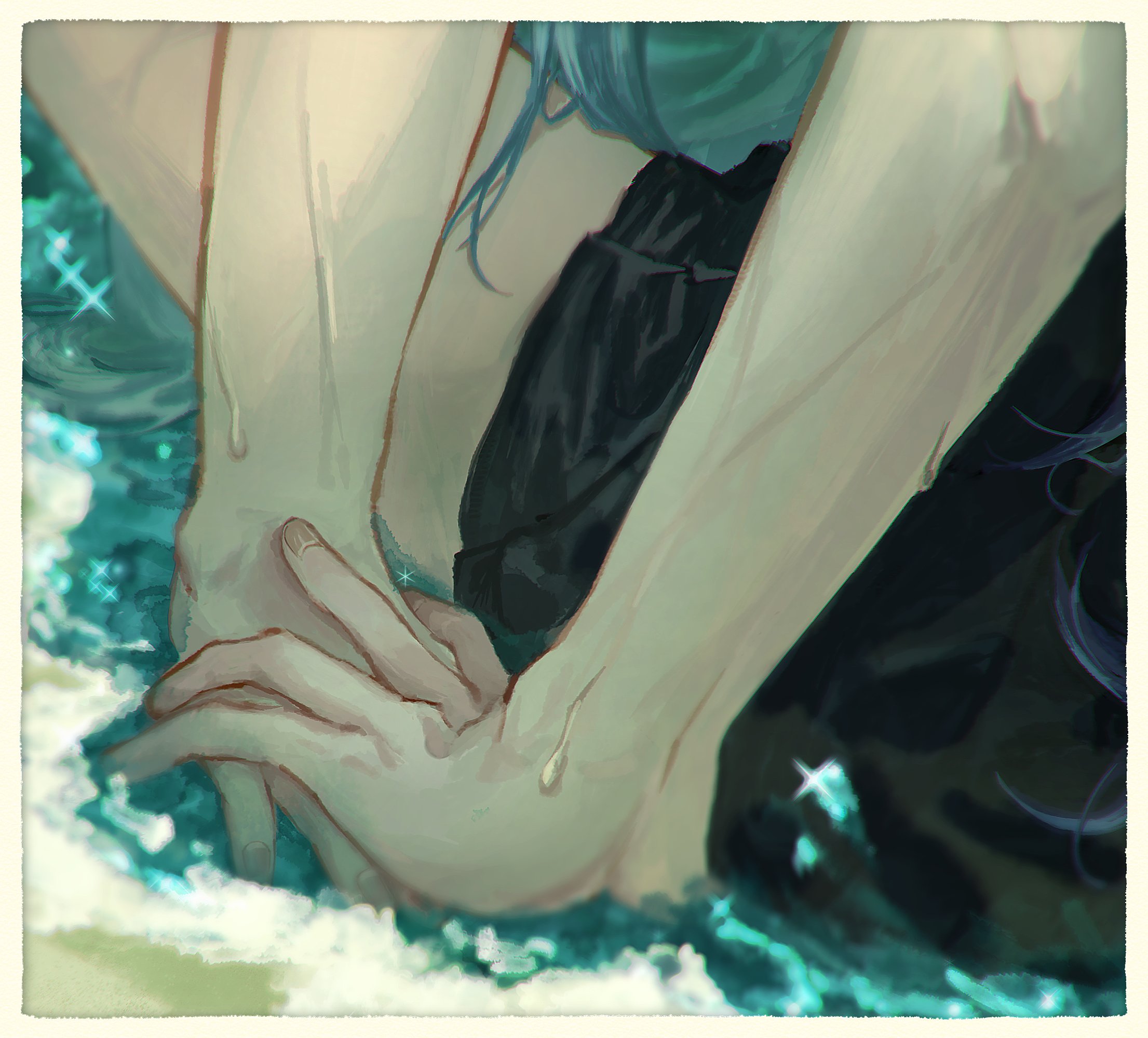 asahina mafuyu, yoisaki kanade, project sekai, commentary, highres, 2girls, beach, black skirt, grey hair, gumshoue, hand focus, holding hands, long hair, multiple girls, outdoors, purple hair, sand, skirt, water, wet, yuri