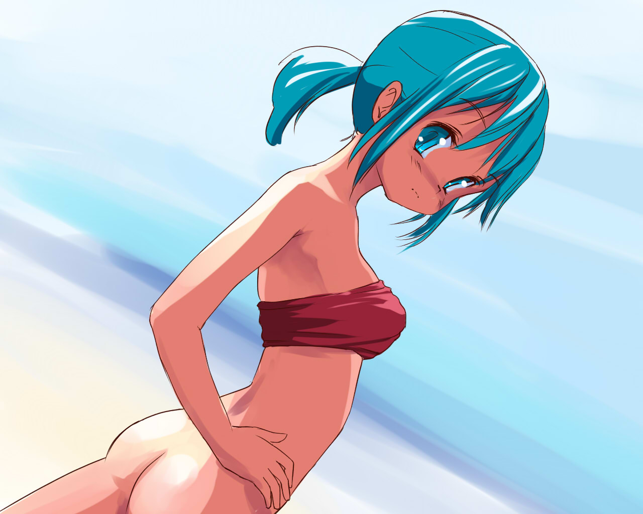 st+1, original, 1girl, ass, bandeau, blue eyes, blue hair, bottomless, bra, dutch angle, female focus, from behind, hand on own hip, hip focus, lingerie, looking back, matching hair/eyes, no panties, ponytail, solo, strapless, tube top, underwear