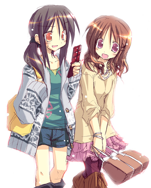 satou kibi, original, 2girls, :d, bag, black hair, brown hair, cellphone, multiple girls, open mouth, phone, purple eyes, red eyes, shorts, smile