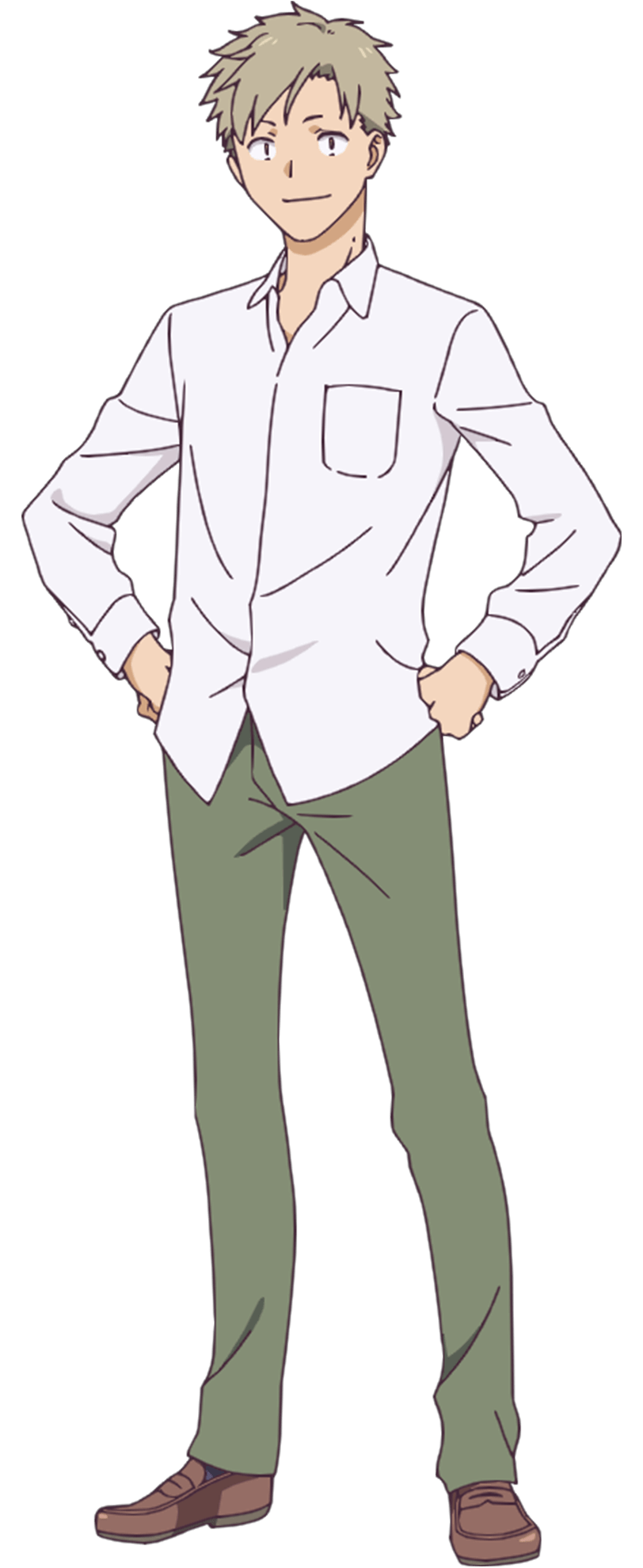 tani takuya, chanto suenai kyuuketsuki-chan, highres, official art, 1boy, anime coloring, black eyes, brown hair, brown shoes, chiba daichi, closed mouth, collared shirt, dress shoes, full body, green pants, hands on own hips, long sleeves, looking at viewer, pants, school uniform, shirt, shoes, short hair, simple background, smile, solo, standing, tachi-e, transparent background, untucked shirt, very short hair, white shirt