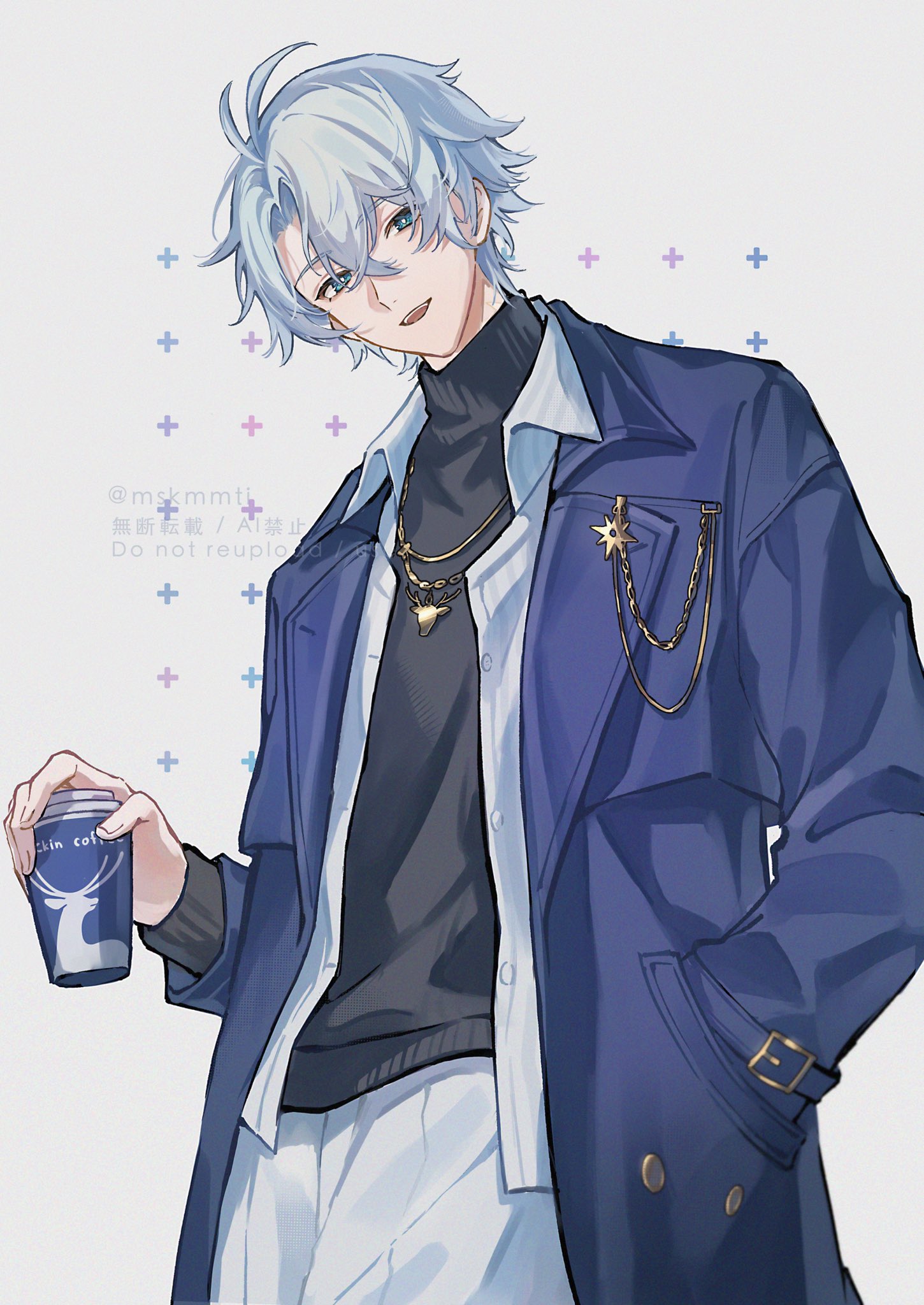 misaki (mskmmti), phainon (honkai: star rail), honkai: star rail, honkai (series), highres, 1boy, antenna hair, black sweater, blue coat, blue eyes, coat, crossed bangs, cup, disposable cup, gold necklace, grey hair, hair between eyes, hand in pocket, holding, holding cup, jewelry, looking at viewer, male focus, necklace, official alternate costume, open clothes, open coat, open mouth, open shirt, pants, parted bangs, phainon (luckin coffee) (honkai: star rail), shirt, short hair, smile, solo, sweater, teeth, turtleneck, turtleneck sweater, upper teeth only, white pants, white shirt, yellow pupils