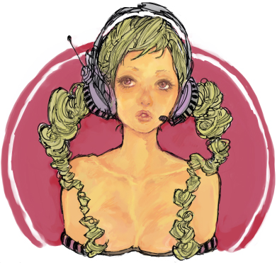 nn, nn (neat), original, lowres, 1girl, bare shoulders, blonde hair, breasts, brown eyes, cleavage, collarbone, drill hair, female focus, headphones, lips, long hair, solo, upper body