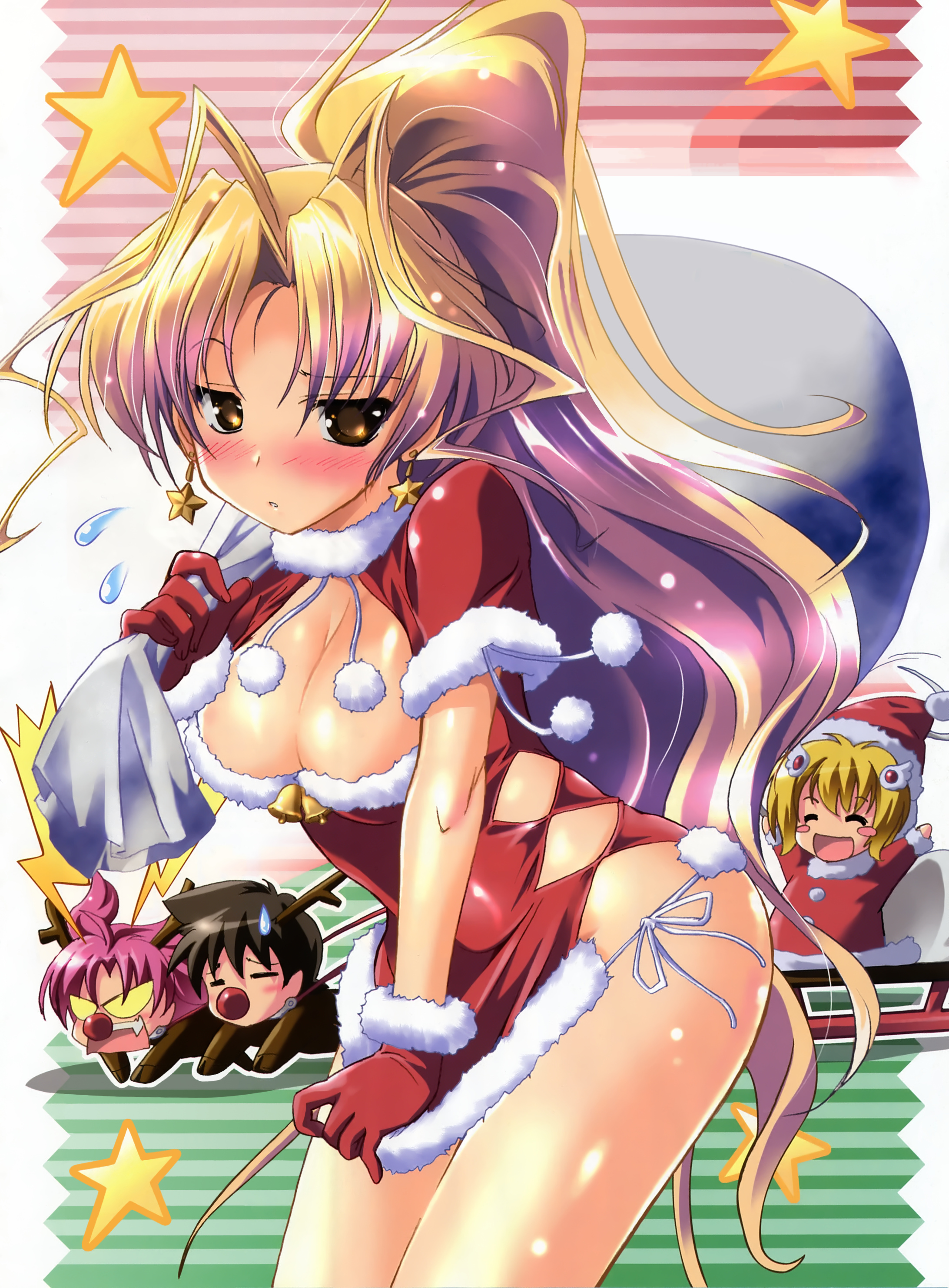 komatsu eiji, kamishiro rin, kazetsubaki kuriko, kurioka maiho, miyama yuuna, shikimori kazuki, tomoka lana jude, maburaho, absurdres, highres, 00s, 1boy, 3girls, animal costume, blonde hair, blush, blush stickers, breasts, brown eyes, chibi, christmas, cleavage, dress, dress tug, earrings, flying sweatdrops, gloves, jewelry, long hair, multiple girls, no panties, pom pom (clothes), ponytail, red gloves, reindeer costume, sack, santa costume, star (symbol), star earrings, very long hair
