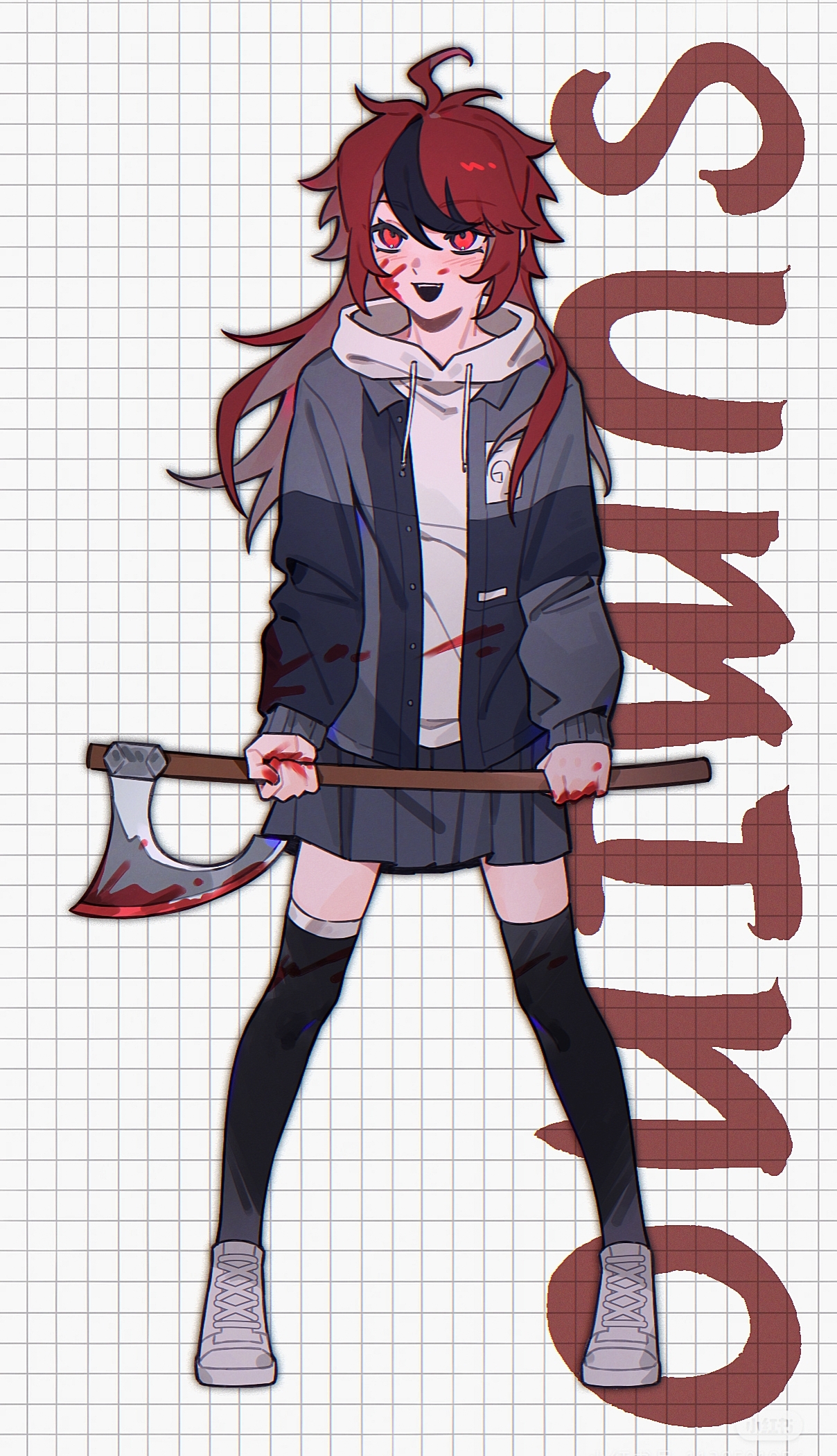 xuxigua1029, sumino takumi, the hundred line -last defense academy-, chinese commentary, commentary request, highres, spoilers, variant set, 1girl, ahoge, axe, black hair, black thighhighs, blood, blood on clothes, blood on face, blood on hands, bloody weapon, character name, drawstring, full body, genderswap, genderswap (mtf), grey jacket, grey skirt, grid background, holding, holding axe, hood, hood down, hoodie, jacket, jacket over hoodie, long hair, long sleeves, miniskirt, multicolored hair, official alternate eye color, open clothes, open jacket, open mouth, pleated skirt, red eyes, red hair, shoes, skirt, smile, sneakers, solo, streaked hair, thighhighs, two-tone hair, weapon, white background, white hoodie, white shoes