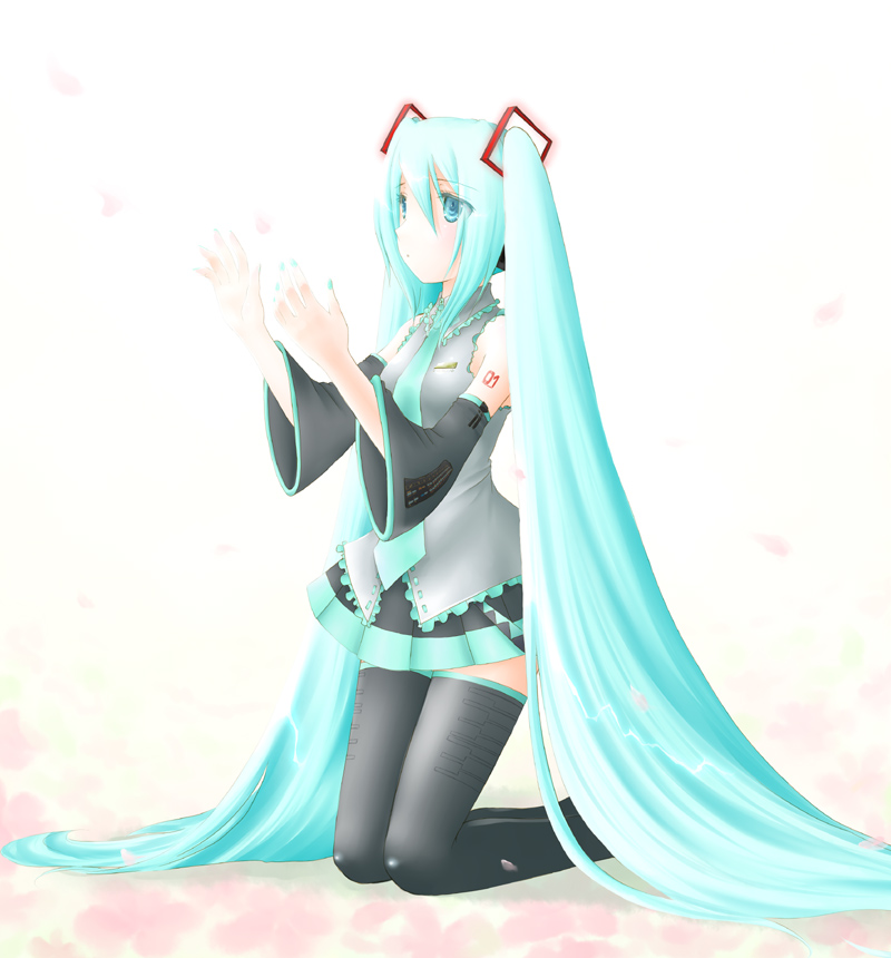 minyo, hatsune miku, vocaloid, 1girl, aqua hair, female focus, long hair, solo, thighhighs, twintails, very long hair