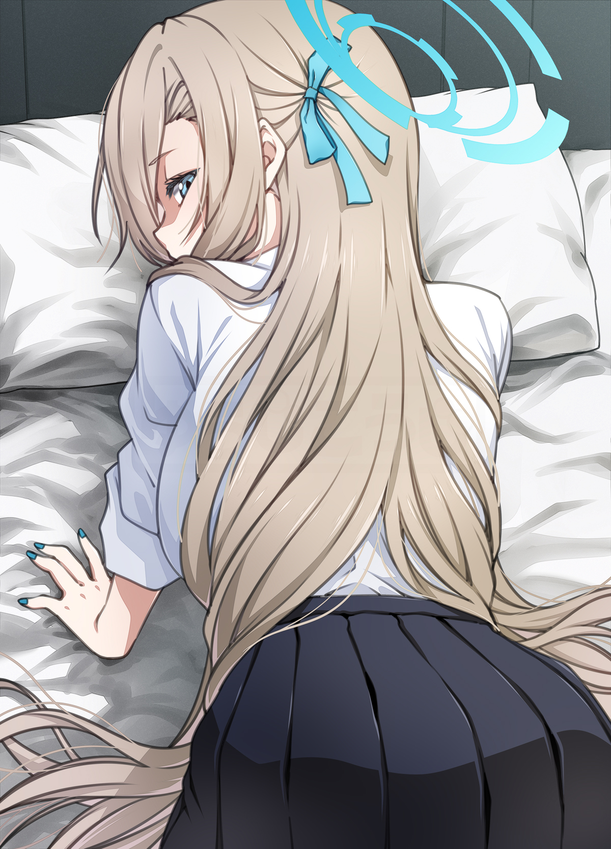 kouji (campus life), asuna (blue archive), asuna (school uniform) (blue archive), blue archive, highres, 1girl, all fours, black skirt, blonde hair, blue eyes, blue halo, blue nails, blue ribbon, breasts, from behind, hair ribbon, halo, large breasts, looking at viewer, official alternate costume, ribbon, shirt, skirt, solo, white shirt