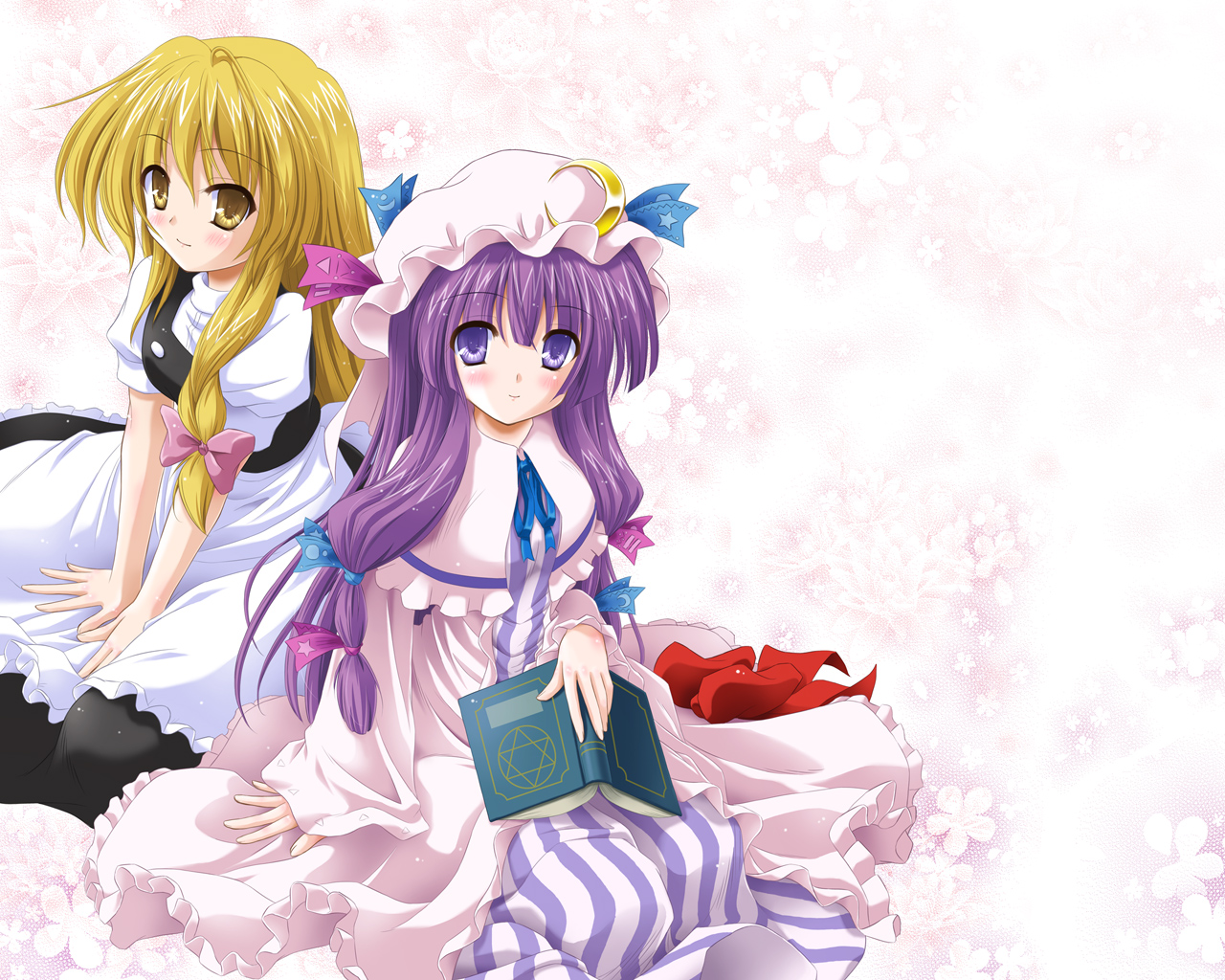 yamu (reverse noise), kirisame marisa, patchouli knowledge, touhou, 2girls, blonde hair, blush, book, bow, crescent, crescent moon, female focus, hair bow, hair ribbon, hat, hexagram, long hair, moon, multiple girls, multiple hair bows, purple eyes, purple hair, ribbon, smile, yellow eyes