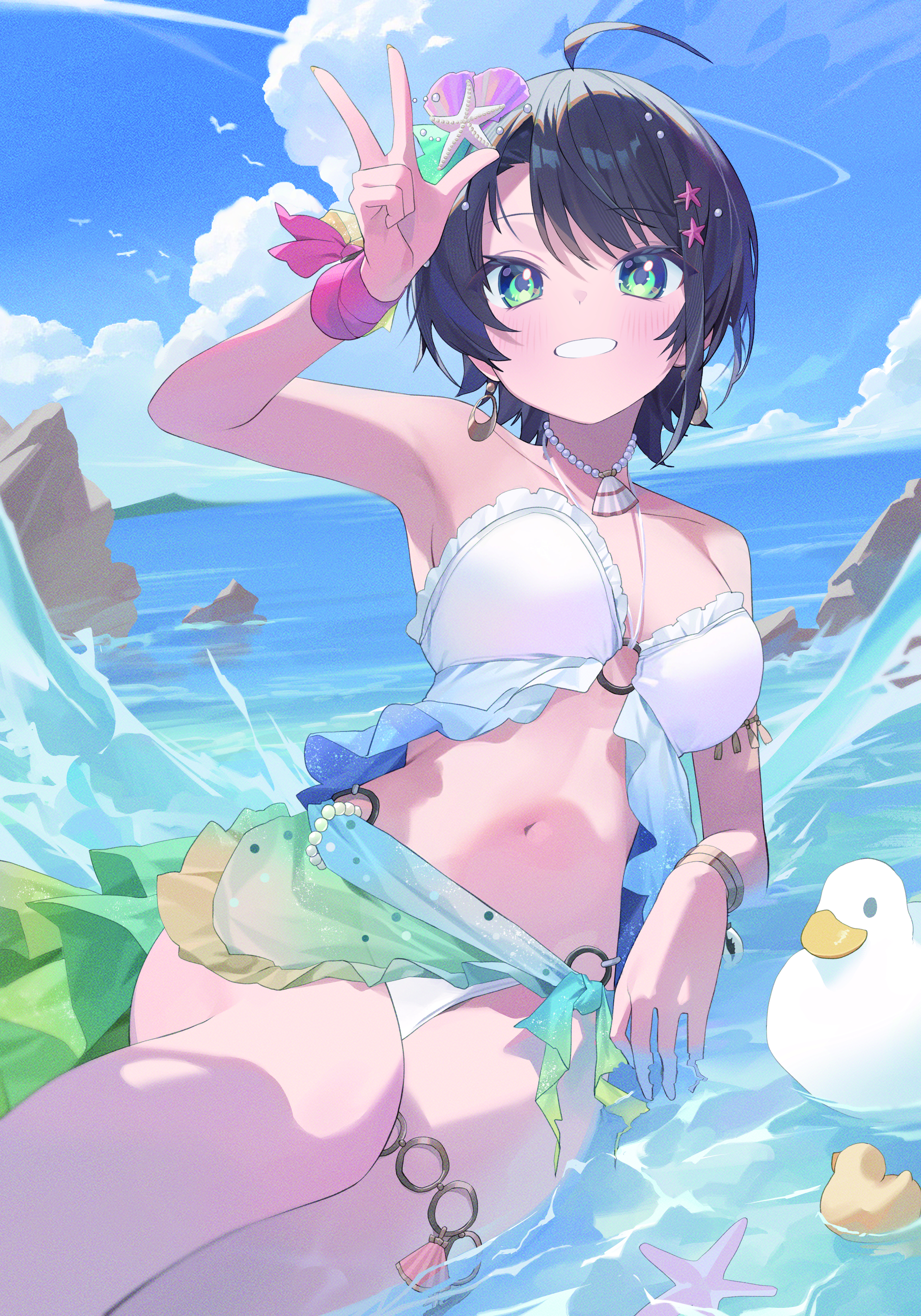 nel dcm, oozora subaru, oozora subaru (holonatsu paradise), hololive, holonatsu paradise, absurdres, commentary request, highres, 1girl, :d, bikini, black hair, blue eyes, blue sky, bracelet, breasts, cloud, copyright notice, cumulonimbus cloud, day, earrings, feet out of frame, frilled bikini, frilled sarong, frills, gradient sarong, green sarong, jewelry, legs, looking at viewer, nail polish, navel, o-ring, o-ring bikini, ocean, official alternate costume, open mouth, outdoors, sarong, shell hair ornament, short hair, sitting, sky, smile, starfish hair ornament, stomach, swept bangs, swimsuit, teeth, thigh strap, virtual youtuber, w, white bikini