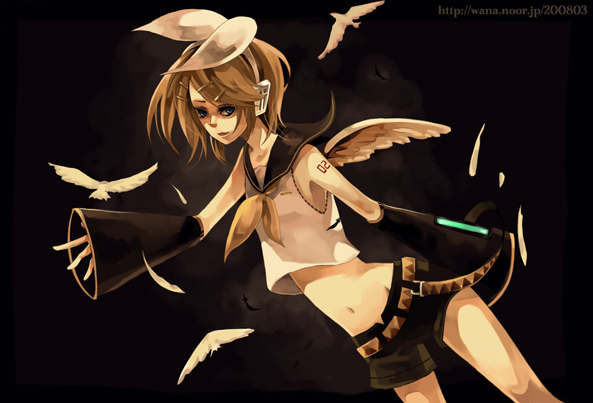 riku (artist), riku (wana), kagamine rin, vocaloid, bad id, bad pixiv id, 1girl, animal, aqua eyes, arm warmers, belt, bird, black background, black shorts, blonde hair, blouse, blue eyes, bow, cowboy shot, dutch angle, feathered wings, feathers, female focus, hair bow, hair ornament, hairclip, headphones, looking at viewer, midriff, navel, ribbon, sailor collar, shaded face, shirt, short hair, shorts, sleeveless, solo, stomach, swept bangs, tattoo, watermark, web address, white bow, white shirt, white wings, wings, yellow ribbon