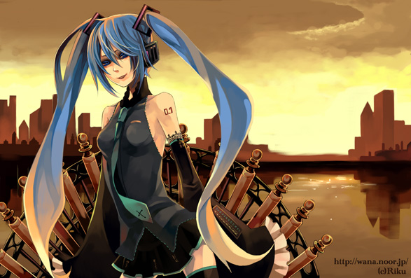 riku (artist), riku (wana), hatsune miku, vocaloid, bad id, bad pixiv id, blue eyes, blue hair, detached sleeves, long hair, necktie, skirt, solo, twintails