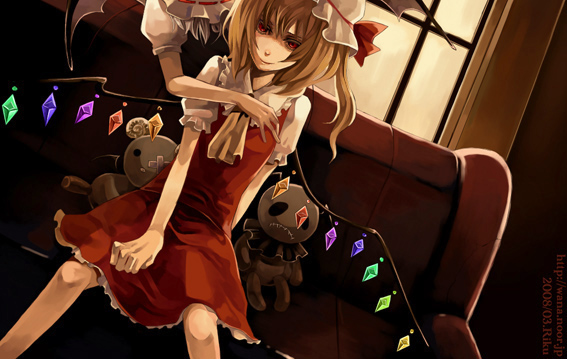 riku (artist), riku (wana), flandre scarlet, remilia scarlet, touhou, bad id, bad pixiv id, 2girls, female focus, hat, mob cap, multiple girls, siblings, sisters, wings