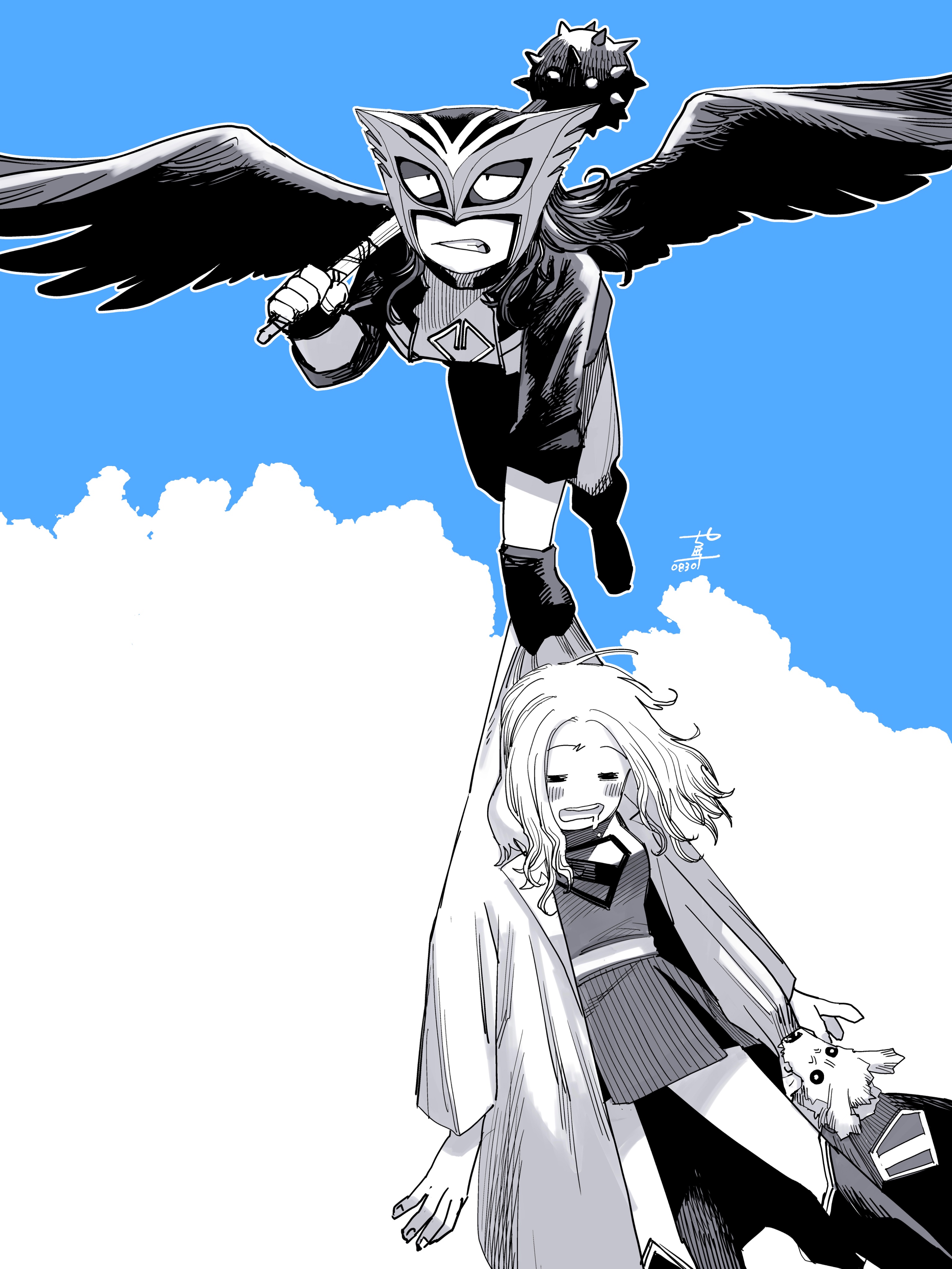 manabu yashiro, hawkgirl, krypto the superdog, supergirl, dc comics, superman (2025), superman (series), absurdres, highres, 2girls, artist name, boots, cape, carrying, coat, dog, drooling, drunk, fingerless gloves, gloves, jacket, kendra saunders, long hair, mace, mask, midriff, military vehicle, monochrome, motor vehicle, multiple girls, shirt, skirt, sleepy, spiked mace, spikes, superhero costume, superman logo, tank, weapon, wings
