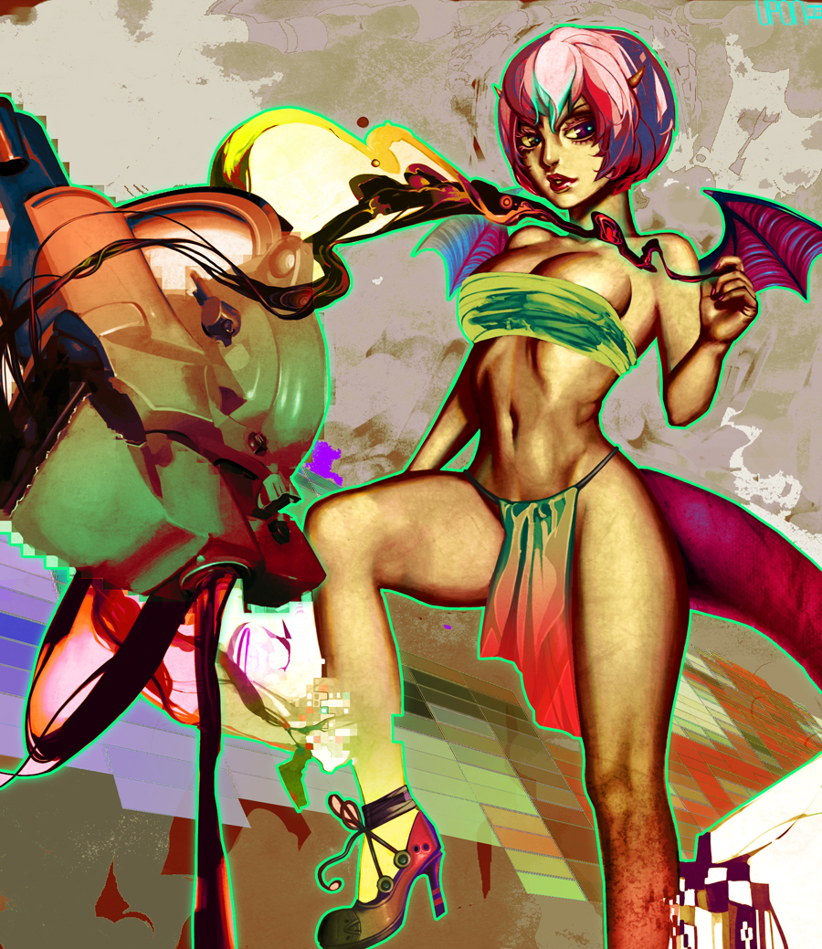 mila the mute, aqua hair, demon girl, high heels, horns, loincloth, multicolored hair, pink hair, purple eyes, shoes, solo, surreal, tail, wings