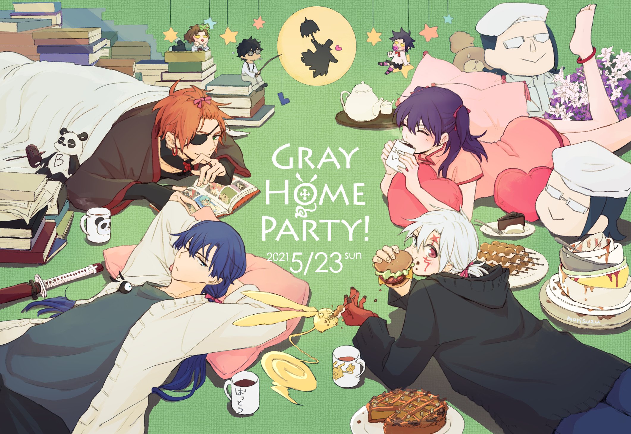 mori suzu, allen walker, kanda yuu, komui lee, lavi, lenalee lee, millennium earl, road kamelot, timcanpy, tyki mikk, d.gray-man, pink pillow, highres, 2girls, 5boys, anklet, arm behind head, asymmetrical hair, barefoot, black gloves, black hair, black headband, black jacket, black pants, black shirt, black shoes, black skirt, blanket, blue eyes, blue hair, blue pants, blue socks, blush, book, brown coat, brown hair, burger, cake, cake slice, candy, character doll, chewing, chinese clothes, closed eyes, coat, coffee mug, collared shirt, colored extremities, colored skin, creature, creature on chest, cross, cup, dango, dirty dishes, doll, drinking, earrings, eating, english text, eyepatch, facial mark, facing another, fingerless gloves, fishing rod, flower, food, food on face, forehead mark, fork, full moon, glasses, gloves, golem (d.gray-man), green background, green eyes, grey pants, grey shirt, hair between eyes, hair over shoulder, hair ribbon, hammer, hat, headband, headband around neck, heart, heart-shaped pillow, heterochromia, holding, holding burger, holding candy, holding cup, holding fishing rod, holding food, holding lollipop, holding umbrella, hood, hood down, hooded jacket, hoop earrings, horns, jacket, jewelry, katana, legs, lollipop, long hair, long sleeves, looking at another, looking at viewer, low ponytail, lying, mandarin collar, medium hair, messy hair, mini person, miniskirt, mitarashi dango, moon, mug, multiple boys, multiple girls, no pants, on back, on floor, on stomach, one eye closed, one eye covered, open book, orange hair, pants, pillow, pink ribbon, pink shirt, pink thighhighs, plate, ponytail, purple flower, purple hair, red eyes, red ribbon, red skin, ribbon, ring, scar, scar across eye, scar on face, sheath, sheathed, shirt, shoes, short hair, short ponytail, short sleeves, sidelocks, silhouette, simple background, single sock, sitting, skirt, smile, smoke, socks, spiked hair, star (symbol), star facial mark, striped clothes, striped coat, striped headband, striped shirt, striped thighhighs, stud earrings, stuffed animal, stuffed panda, stuffed toy, suspenders, sword, tail, tea, teapot, teddy bear, thighhighs, thighs, two side up, umbrella, under covers, wagashi, weapon, white blanket, white flower, white hair, white hat, white jacket, white shirt, wide sleeves, wings