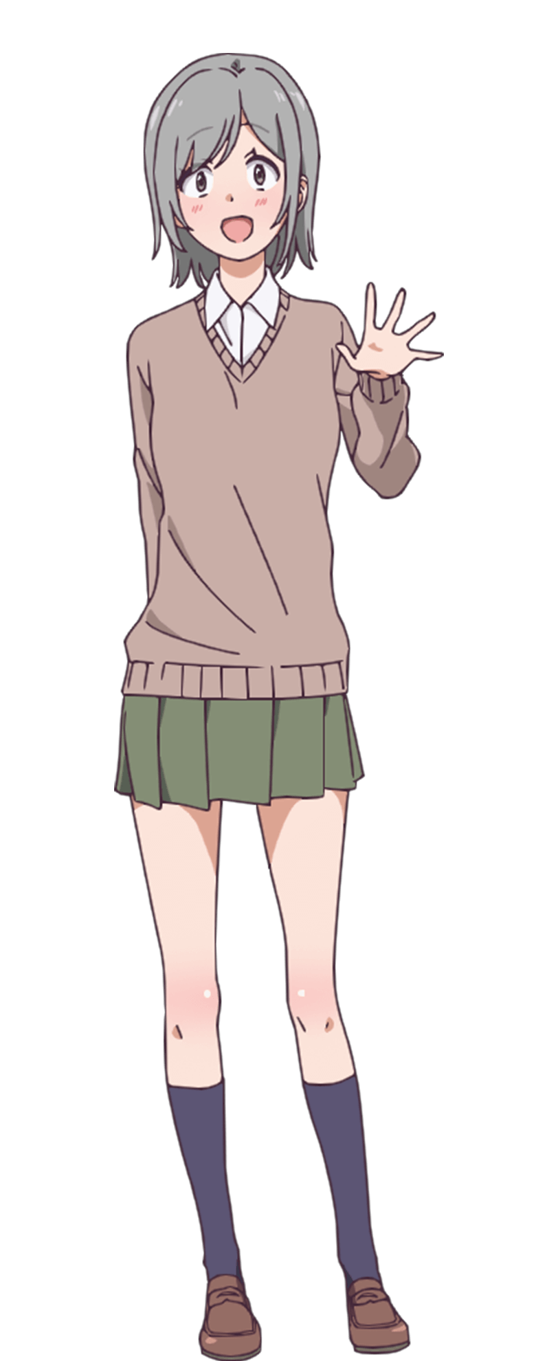 tani takuya, chanto suenai kyuuketsuki-chan, highres, official art, 1girl, :d, anime coloring, arm behind back, black socks, blush, breasts, brown cardigan, brown eyes, brown shoes, cardigan, collared shirt, full body, green skirt, grey hair, hand up, loafers, looking at viewer, open hand, open mouth, palms, pleated skirt, shirt, shoes, short hair, simple background, skirt, small breasts, smile, socks, solo, spread fingers, standing, suzuki maimi, tachi-e, transparent background, white shirt