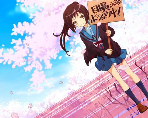 ikeda shouko, kuroi (megane-96), kyon, kyonko, suzumiya haruhi no yuuutsu, bad id, bad pixiv id, lowres, third-party edit, 00s, 1girl, cardigan, cherry blossoms, female focus, genderswap, genderswap (mtf), holding, holding sign, ponytail, school uniform, serafuku, sign, solo