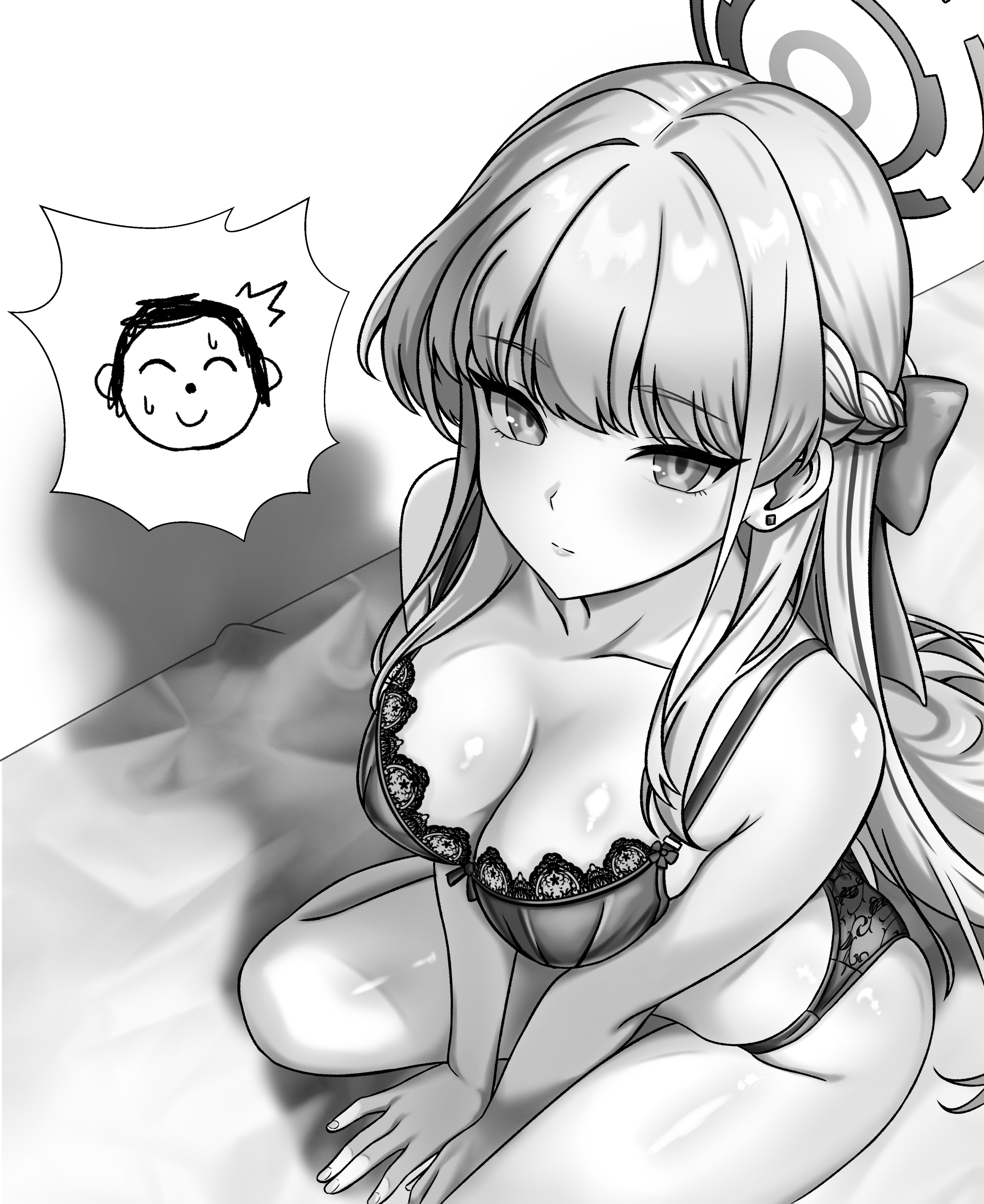 jinsei owakon yarou, doodle sensei (blue archive), sensei (blue archive), toki (blue archive), toki (bunny) (blue archive), blue archive, absurdres, commentary request, highres, 1girl, ||/, ^^^, armpit crease, bare shoulders, between legs, blunt bangs, bow, bra, braid, breasts, cleavage, closed mouth, collarbone, foreshortening, greyscale, hair bow, hair intakes, half up braid, halo, hand between legs, indoors, lace, lace-trimmed bra, lace trim, large breasts, light blush, lingerie, long hair, looking at viewer, monochrome, official alternate hairstyle, on bed, panties, shadow, sidelocks, sitting, skindentation, solo, speech bubble, split mouth, spoken character, straight hair, thighs, tsurime, underwear, underwear only, v arms, very long hair, wariza