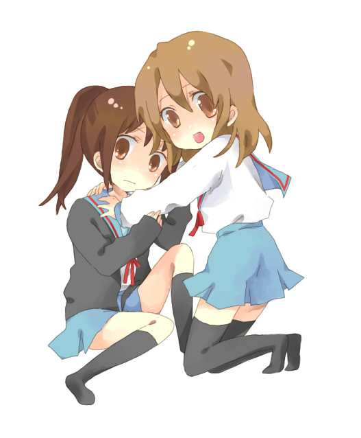 noel (artist), koizumi itsuki, koizumi itsuki (female), kyon, kyonko, suzumiya haruhi no yuuutsu, bad id, bad pixiv id, 00s, 2girls, genderswap, genderswap (mtf), kneehighs, multiple girls, ponytail, school uniform, serafuku, socks, thighhighs