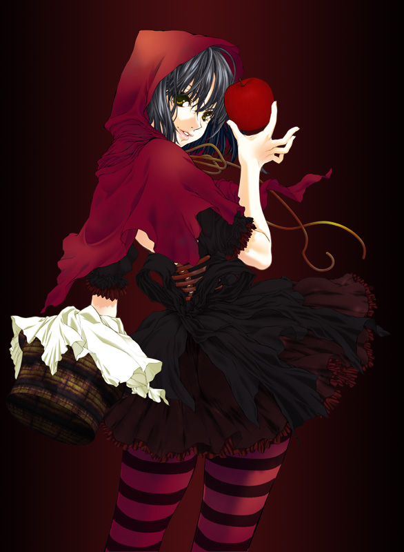 bell (artist), rin kyoutarou, little red riding hood (fairy tale character), little red riding hood (fairy tale), bad id, bad pixiv id, 1girl, apple, basket, black hair, blue hair, brown eyes, cape, female focus, food, fruit, holding, holding food, holding fruit, hood, patterned legwear, red cape, solo, striped clothes, striped thighhighs, thighhighs, two-tone stripes