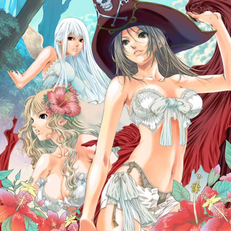 bell (artist), rin kyoutarou, musketeer (granado espada), scout (granado espada), warlock (granado espada), granado espada, bad id, bad pixiv id, 3girls, bare shoulders, blonde hair, blue eyes, breasts, brown eyes, brown hair, cleavage, corsair hat, flower, hat, hibiscus, large breasts, lingerie, long hair, multiple girls, nature, navel, panties, pirate, pirate hat, skull and crossbones, tricorne, underwear, white hair, wings