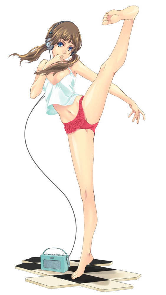 bell (artist), rin kyoutarou, original, 1girl, barefoot, blue eyes, brown hair, feet, female focus, headphones, high kick, kicking, legs, long legs, midriff, panties, solo, twintails, underwear