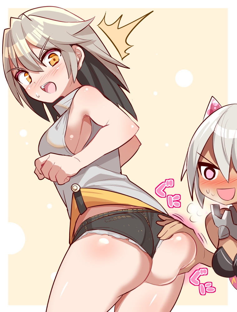 cougar (cougar1404), original, 2girls, ass, ass focus, bare shoulders, blush, breasts, brown hair, dark skin, deep skin, embarrassed, female pervert, from behind, grabbing another's ass, groping, huge ass, leaning, leaning forward, long hair, looking back, looking down, medium breasts, multicolored hair, multiple girls, open mouth, orange eyes, pervert, short hair, short shorts, shorts, sideboob, smile, surprised, two-tone hair, white hair