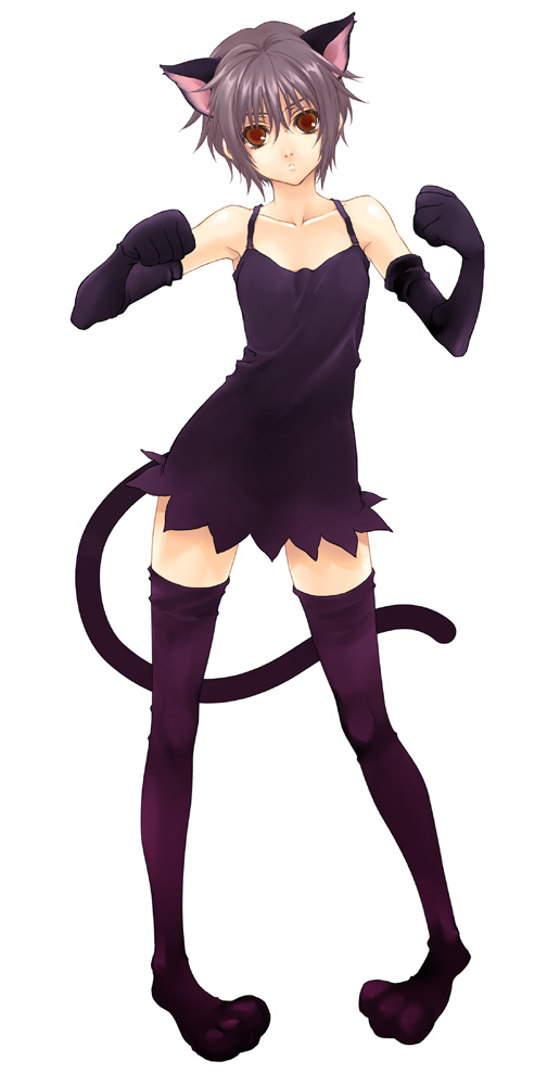 bell (artist), rin kyoutarou, nagato yuki, acuo, suzumiya haruhi no yuuutsu, 00s, animal ears, animal hands, black thighhighs, cat ears, cat girl, cat tail, elbow gloves, gloves, legs, simple background, solo, standing, tail, thighhighs, zettai ryouiki