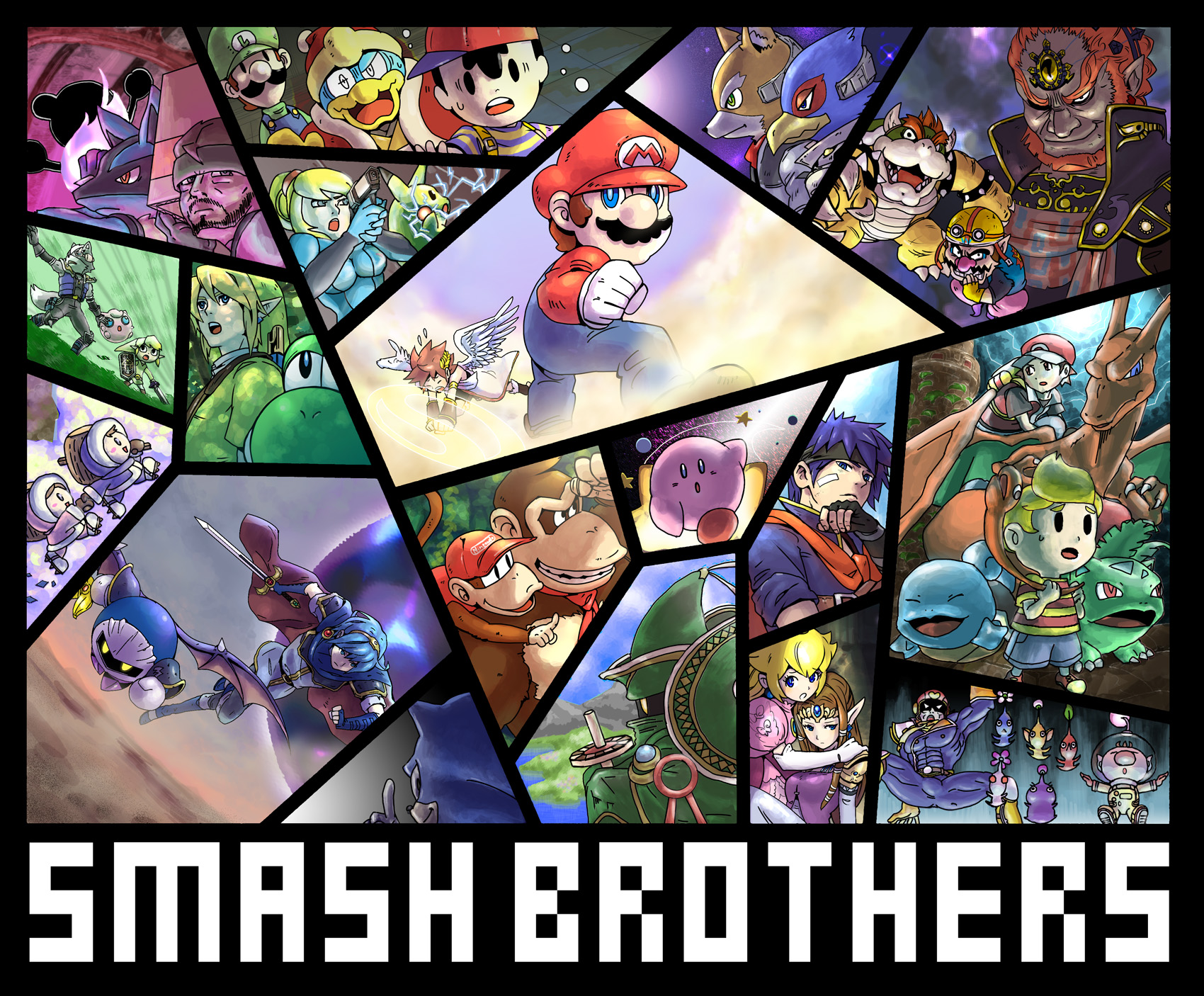 noah (tettsui-sole), rob, bowser, captain falcon, captain olimar, charizard, diddy kong, donkey kong, falco lombardi, family computer robot, fox mccloud, ganondorf, ice climbers, ike (fire emblem), ivysaur, jigglypuff, king dedede, kirby, koopa, link, lucario, lucas (mother 3), luigi, mario, marth (fire emblem), meta knight, mr. game & watch, nana (ice climber), ness (mother 2), olimar, pikachu, pit (kid icarus), popo (ice climber), princess peach, princess zelda, samus aran, solid snake, sonic the hedgehog, squirtle, wario, wolf o'donnell, yoshi, donkey kong (series), donkey kong country, f-zero, fire emblem, fire emblem: mystery of the emblem, fire emblem: path of radiance, game & watch, ice climber, kid icarus, kirby (series), mario (series), metal gear (series), metal gear solid, metroid, mother (series), mother 2, mother 3, nintendo, pikmin (series), pokemon, sonic (series), star fox, super smash bros., the legend of zelda, the legend of zelda: twilight princess, warioware, bad id, bad pixiv id, highres, 00s, 4girls, 6+boys, angel wings, bandaid, bandaid on face, bandana, baseball cap, beard, bird, blonde hair, blue bodysuit, blue eyes, blue hair, bodysuit, bracer, brown hair, child, closed eyes, dark skin, diamond mouth, dress, elbow gloves, electricity, everyone, facial hair, fingerless gloves, flower, flying, food, fruit, gen 1 pokemon, gen 4 pokemon, gloves, grass, hat, helmet, index finger raised, laurel crown, looking at viewer, looking back, looking up, monkey, multiple boys, multiple girls, mustache, overalls, penguin, pikmin (creature), pokemon (creature), ponytail, princess, red hair, shirt, smile, split screen, striped clothes, striped shirt, sweatdrop, toga, warp star, white gloves, wings, zero suit