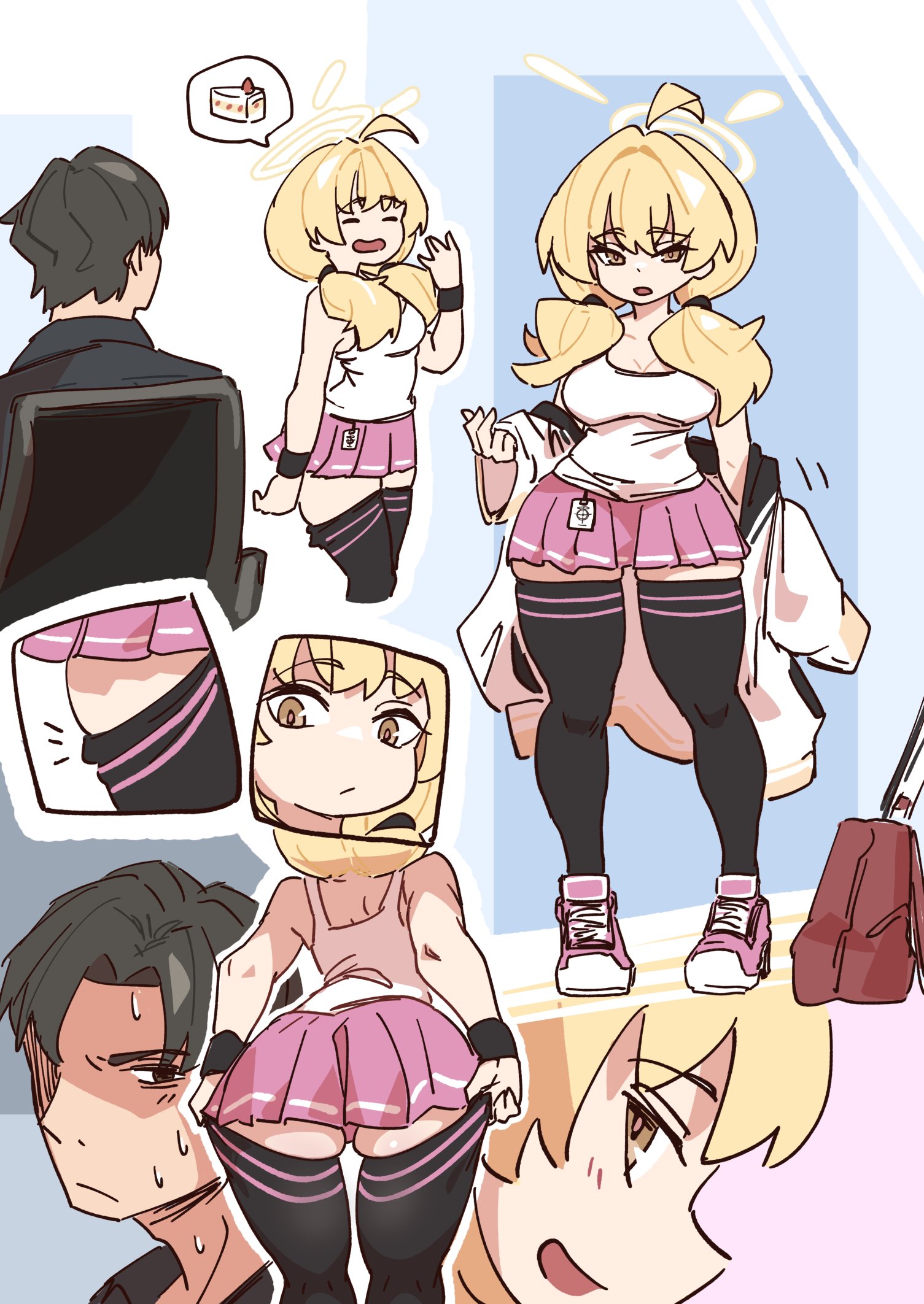 mabufuyo, sensei (blue archive), yoshimi (blue archive), blue archive, highres, tagme, 1boy, 1girl, blonde hair, brown eyes, full body, halo, low twintails, smile, spoken food, teasing, thick thighs, thighhighs pull, thighs, twintails, yellow halo