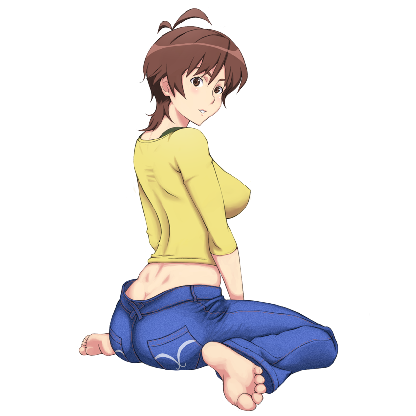 kazunari, rakugake, amaha masane, witchblade, 00s, 1girl, ass, back, barefoot, breasts, brown hair, butt crack, denim, feet, female focus, foot focus, jeans, large breasts, mature female, pants, sideboob, simple background, sitting, soles, solo, toes, white background