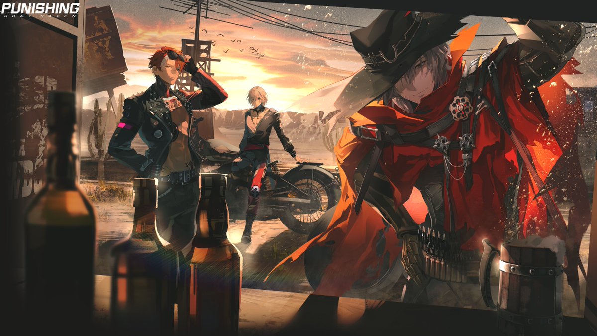 noctis: indomitus (pgr), noctis: indomitus (punk dynamo) (pgr), noctis (pgr), roland: flambeau (pgr), roland (pgr), watanabe: epitaph (hell sing) (pgr), watanabe: epitaph (pgr), watanabe (pgr), punishing: gray raven, commentary, english commentary, official art, 3boys, adjusting eyewear, arm up, beer mug, belt buckle, black gloves, black hat, black jacket, black pants, black skirt, blurry, buckle, bullet, chest tattoo, cloak, cloud, copyright name, cup, depth of field, eyewear on head, fingerless gloves, flock, glass bottle, gloves, grey eyes, grey hair, hand on own hip, hat, jacket, leaning back, leaning on object, light rays, long sleeves, looking at viewer, mechanical arms, mechanical legs, motor vehicle, motorcycle, mountain, mug, multiple boys, outdoors, pants, red cloak, red hair, shirt, short hair, skirt, smile, spiked jacket, standing, sunbeam, sunglasses, sunlight, tattoo, torn cloak, torn clothes, two-tone shirt, white shirt, yellow eyes