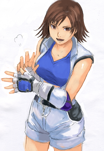 iwaya, kazama asuka, tekken, 1girl, brown eyes, brown hair, female focus, fingerless gloves, gloves, solo, tank top