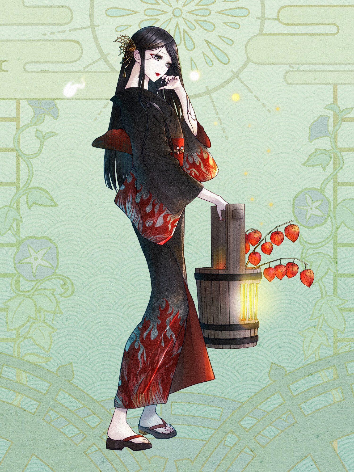 a-ao (tw), dairoku ryouhei, highres, 1girl, black hair, black kimono, black nails, chinese lantern (plant), flame print, hair ornament, japanese clothes, kimono, lantern, lipstick, makeup, obi, pale skin, sandals, sash, uraku tamaki, wide sleeves